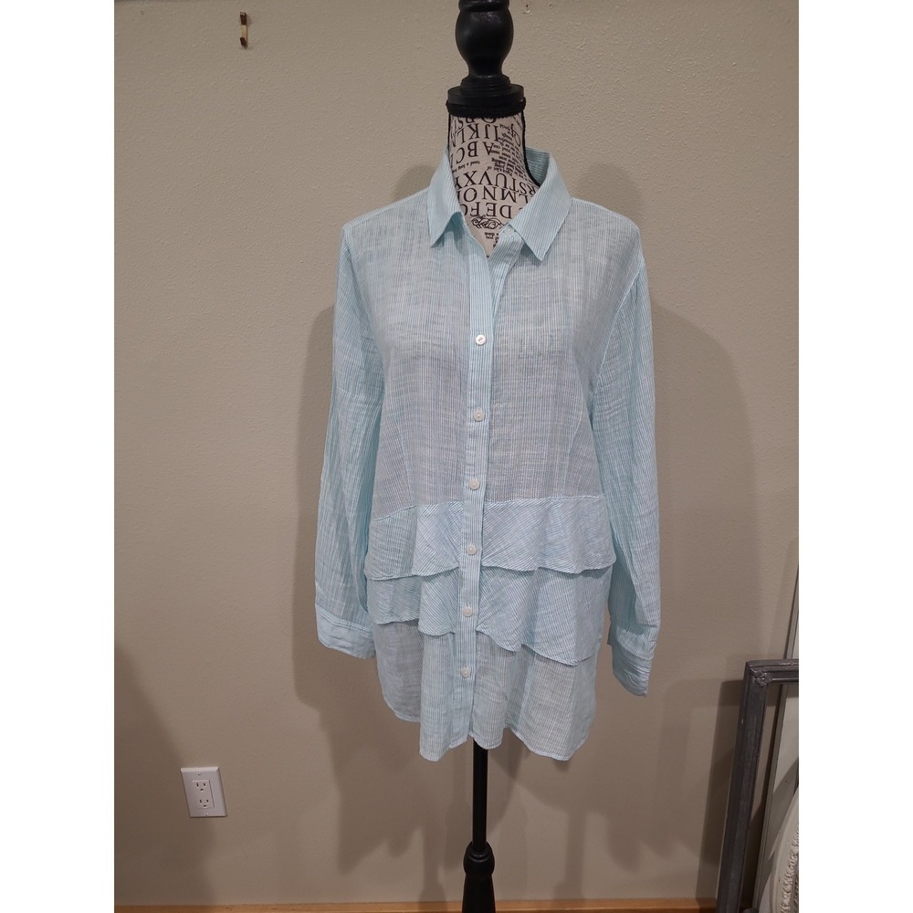 Chico's Women SZ 12 turquoise white cotton striped button down top long‎ sleeve